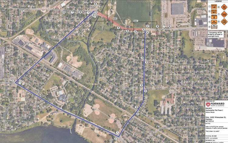 Detour route to avoid closed portion of Milwaukee St, along Atwood Ave, using Walter St or S Fair Oaks Ave.