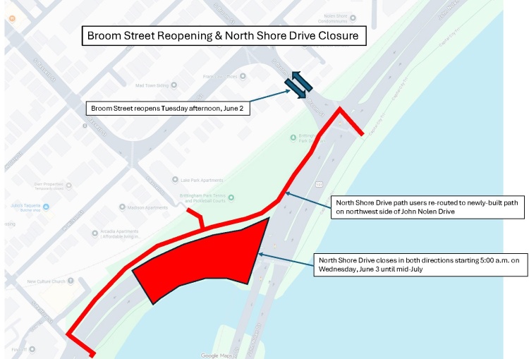 North Shore Drive path will close between Bedford st and John Nolen Drive, use new path on northwest side of John Nolen Drive.