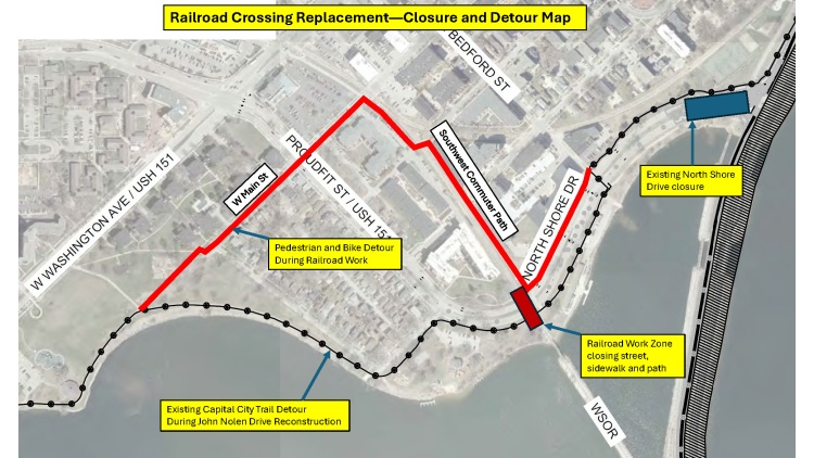 North Shore Drive will close at the railroad crossing from August 3 until 6am on August 7 to replace railroad crossing.