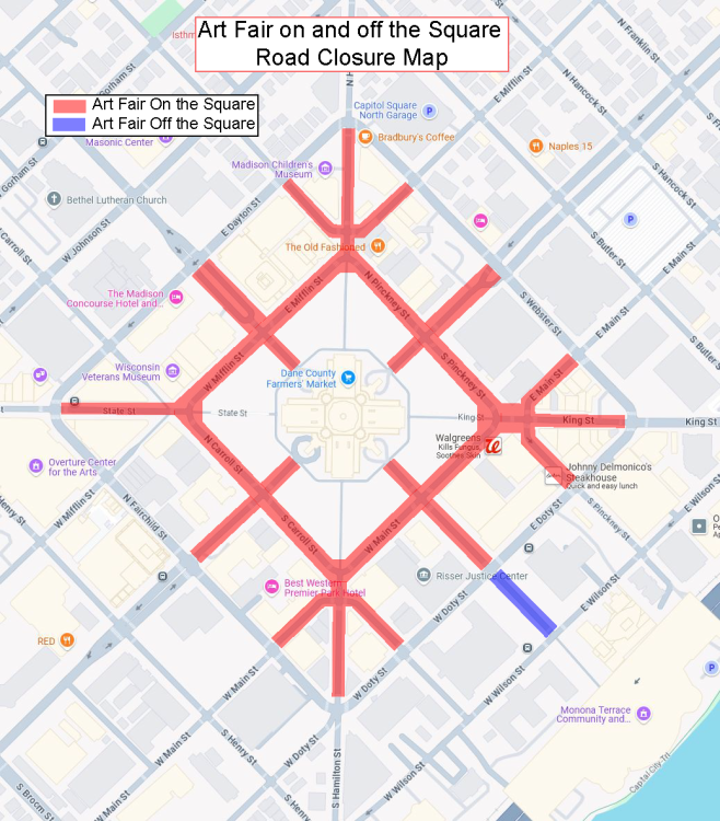 Capitol Square street closure for Art Fair On and Off the Square include the inner square, the connecting streets and Marting Luther King Jr. Blvd.