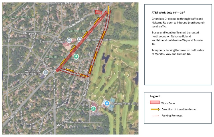 AT&T work areas mentioned in release, in Nakoma Rd area