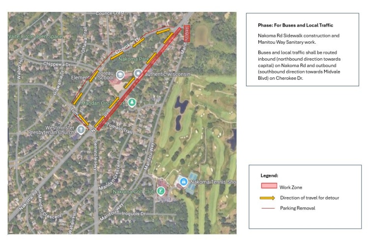 Nakoma Road sidewalk project local traffic detour route