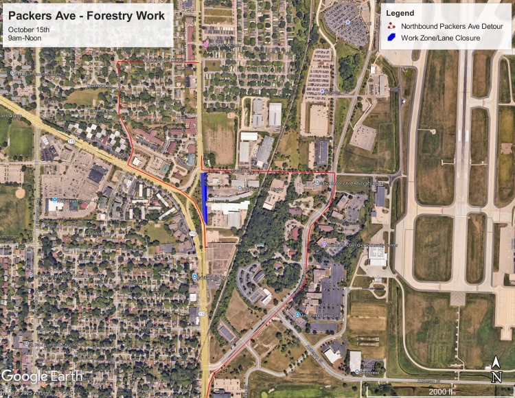 Traffic detour on Packers Ave, International Lane to Darwin Drive or Dryden Drive to Scott Lane, for Wednesday, October 15.