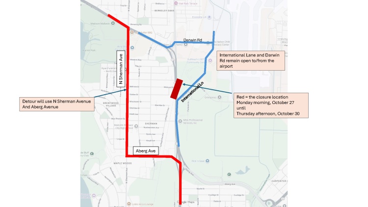 detour route for the four-day closure, beginning on 10/28, of Packers Ave at the railroad tracks.