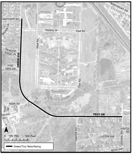 Road closure along Green Ave/Troy Dr, from Sauthoff Rd to Lerdahl Rd, starting week of March 30. 