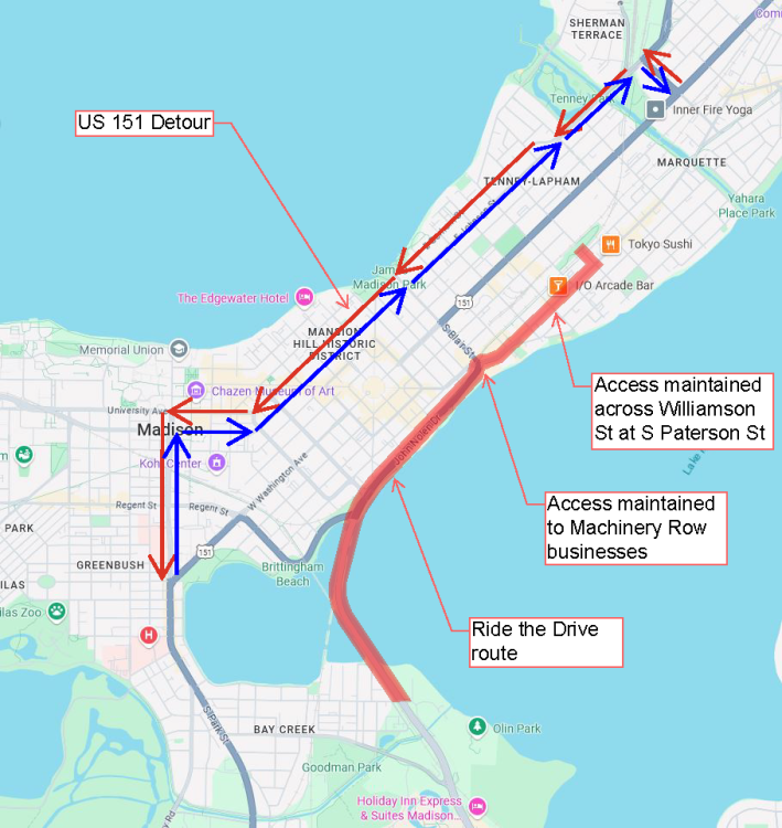 detour route for Ride the Drive, occurring Sunday, August 10 from 9am to 3pm along John Nolen Drive