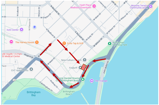 suggested reroute to S Bedford St by using W Washington Ave.