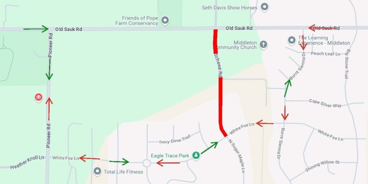 Road closure map of Schewe Rd, from Old Sauk Rd to White Fox Ln, starting May 22, 2025.