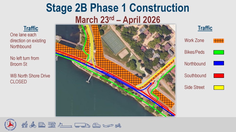 From March 23 - April, 2026, westbound North Shore Drive will close to traffic allowing no left turn onto North Shore from John Nolen dr.