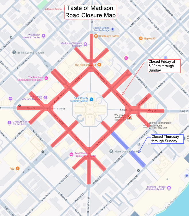 The Taste of Madison event occurring on September 5th and 6th will close the inner loop of the Capitol Square and some adjacent streets.