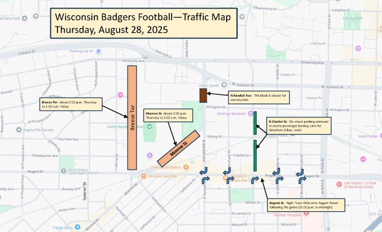 Traffic closures and routes during the 8/28 home UW Badger football game.