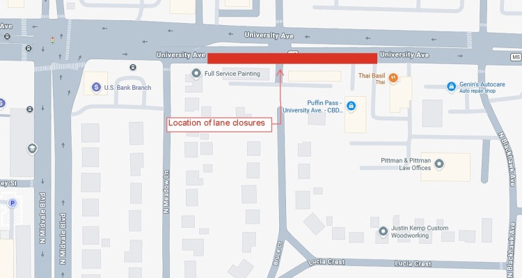 Temporary closure of eastbound University Avenue between N Meadow Lane and N Blackhawk Avenue.
