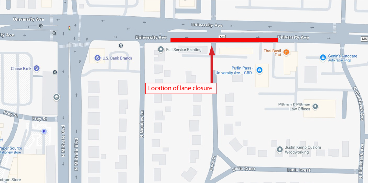Temporary lane closure of eastbound University Avenue between N Meadow Lane and N Blackhawk Avenue.