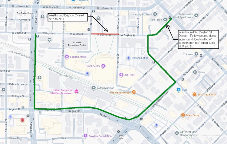 Detour route for Dayton Street westbound closure from 6/15-7/17.  Details in text 