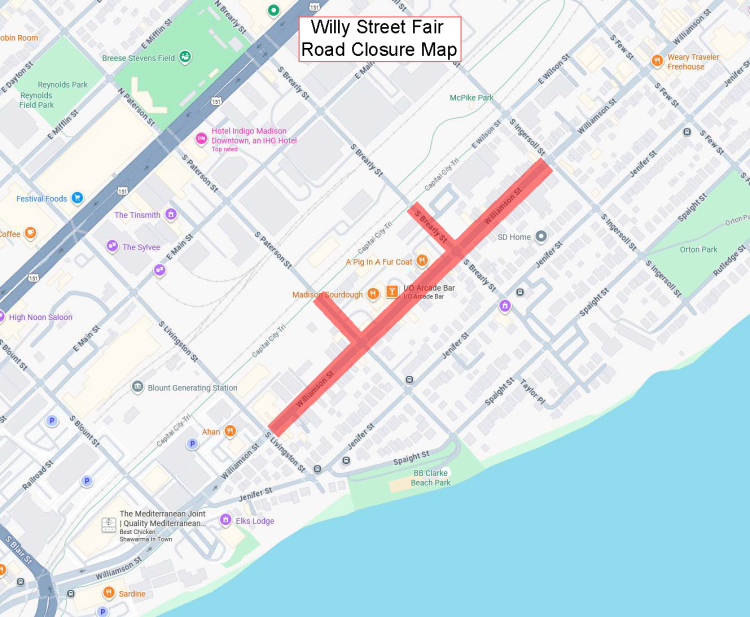 Street closures for the Willy Street Fair, Saturday September 20 through 21, details in release text.