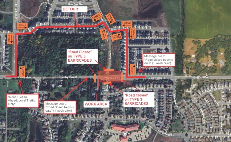 Detour route shows westbound turning right from Valley View onto White Sky pass; eastbound turning left from Valley View onto South Point Road. 