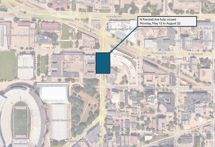 Closure map of N Randall Ave starting Monday, May 12 and lasting until August 22.