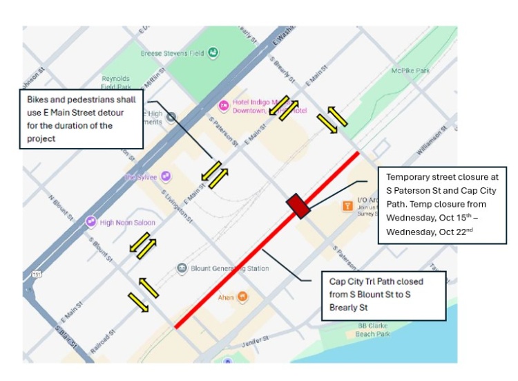 temporary closure at S Paterson St and Cap City Trail from 10/15 to 10/22