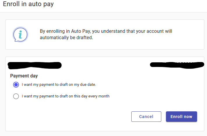 Enroll in auto pay screen