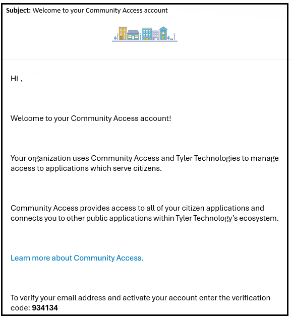 Your verification email will come from Community Access and will contain a code to copy.