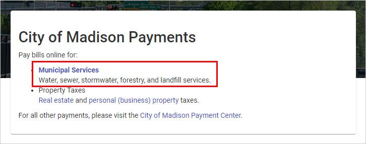 City of Madison Payment options page with red box around the Municpal Services water bill link.