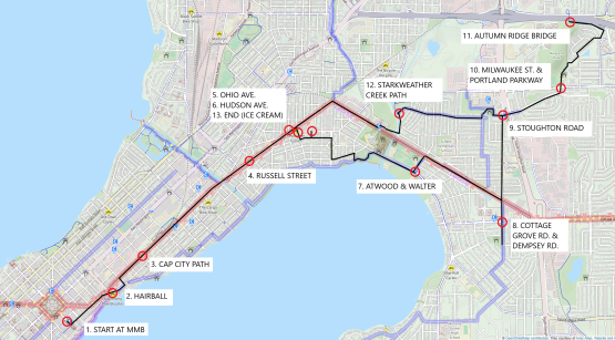 Map of the intended eastside bike infrastructure tour.