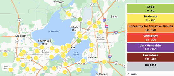 Screenshot of Love My Air sensor readings as of Sunday morning, showing mostly "Moderate" air quality in Madison today, with a couple of "Good" spots on the East and North sides.
