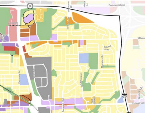 Map showing land use categories proposed in the Southeast Area Plan, with higher density along major roads