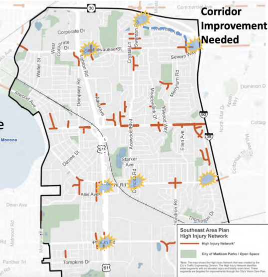 Map showing the southeast area's high injury network areas and intersections needing improvements. Info relevant to district 3 is described in the post.