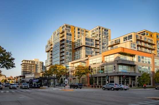 Bus Rapid Transit station in front of the Galaxie apartments on East Washington Ave.