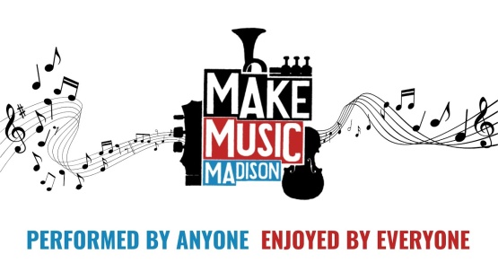Musical notes and instruments surrounding the Make Music Madison logo