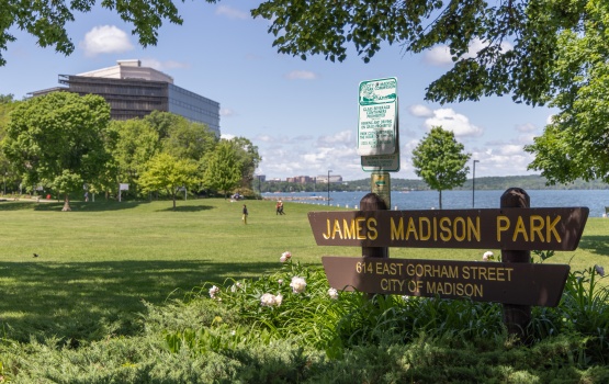 James Madison Park sign with Lake Mendota in the background
