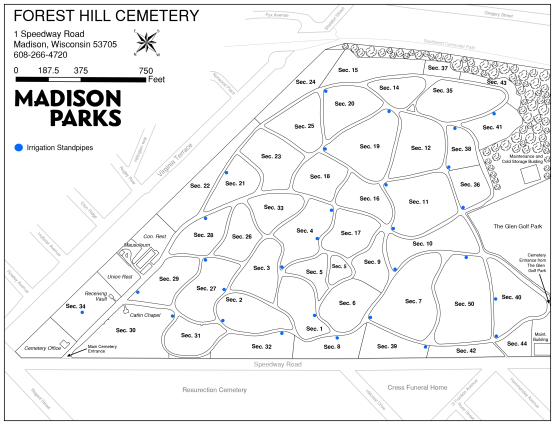 map of forest hill cemetery with irrigation locations