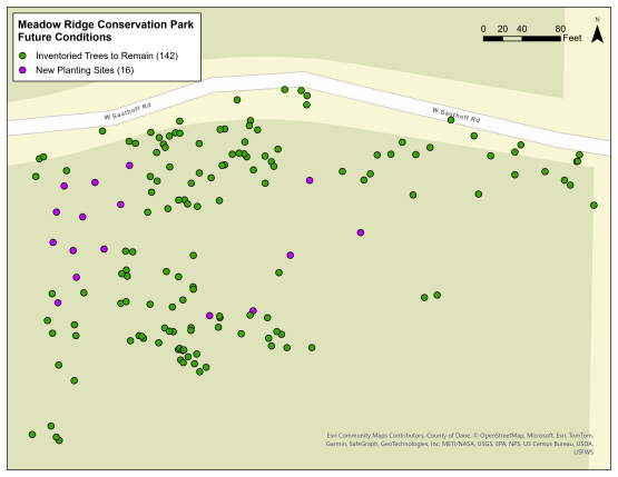Map of Meadow Ridge Conservation Park future conditions after mitigation and new tree plantings.