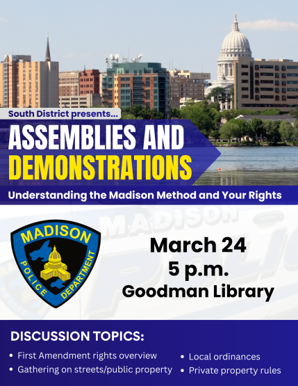 Flyer showing Madison skyline while mentioning Thursday's presentation on a person's rights during demonstrations and assemblies. 
