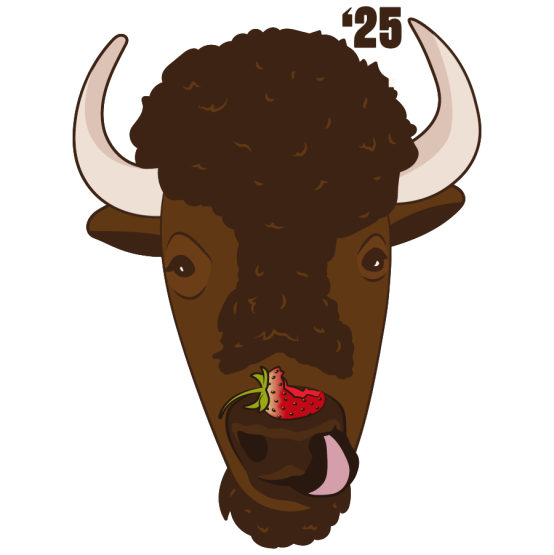 A cartoon bison with a strawberry balanced on its nose.  The bison is has its tongue out and it is licking its nostril.  It really is a cute drawing even if it sounds kind of gross.