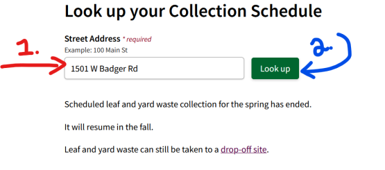 Screenshot that shows where to type in the address to get your set out dates