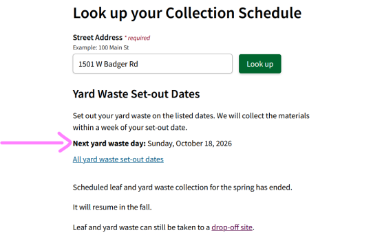 A second screenshot showing where the set out date pops up after you enter your address successfully.