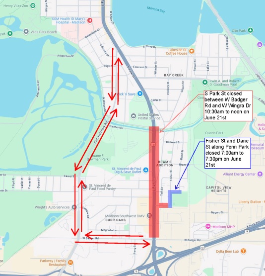Juneteenth Day Celebration closures from S Park St will be closed from W Badger Rd to W Wingra Dr.