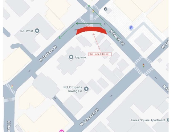 Map of N Broom St slip lane closure.