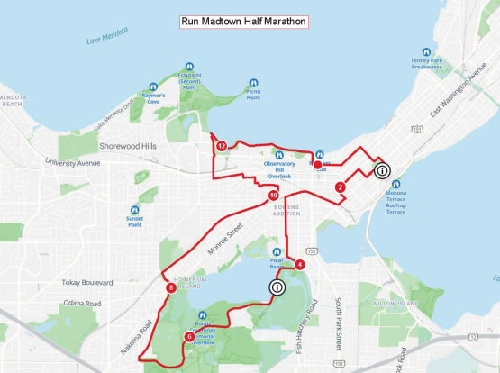 Run Madtown route for the half marathon occurring on Sunday, May 24.