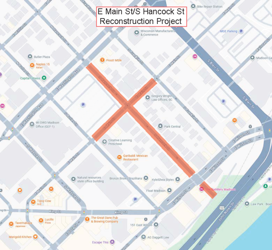 map showing closures for the E main and S Hancock Street for upcoming utility and reconstruction work, starting September 2