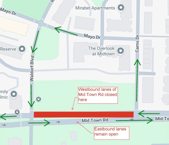 Mid Town Road westbound lane closure and detour route starting September 23 though September 30