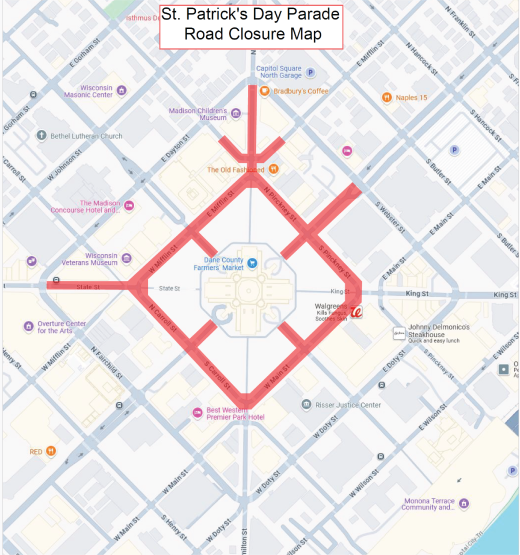 Overhead map of closed streets for St Patrick's Day Parade on Sunday, March 15. Details in text.