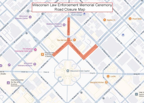 Street closures for the Law Enforcement Memorial ceremony at the Capitol square on Friday, May 8.  Details in text.