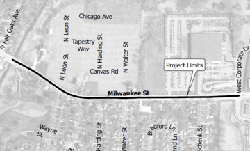 Map of Milwaukee Street which lighlights the portion between Fair Oaks Avenue and West Corporate Drive