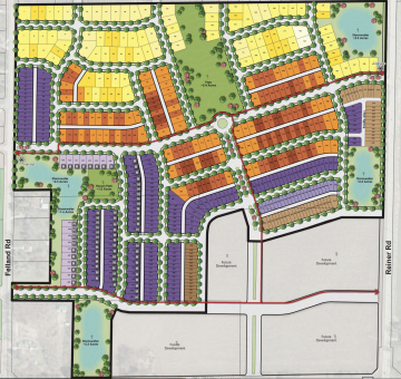Map showing plans for Veridian's proposal, including the street grid, park lots, single-family lots, and townhome lots.