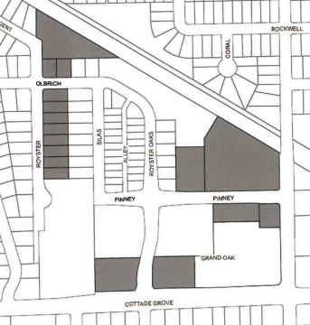 Map showing shaded parcels in the Royster Oaks subdivision proposed to be acquired by the City