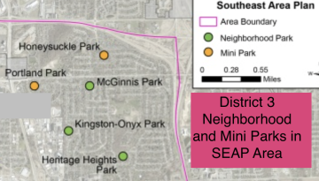 Map of five District 3 parks getting new park development plans in the Southeast Area.