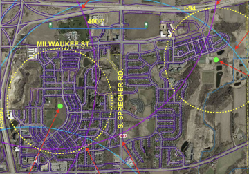 Map showing the coverage area around each new storm siren site.